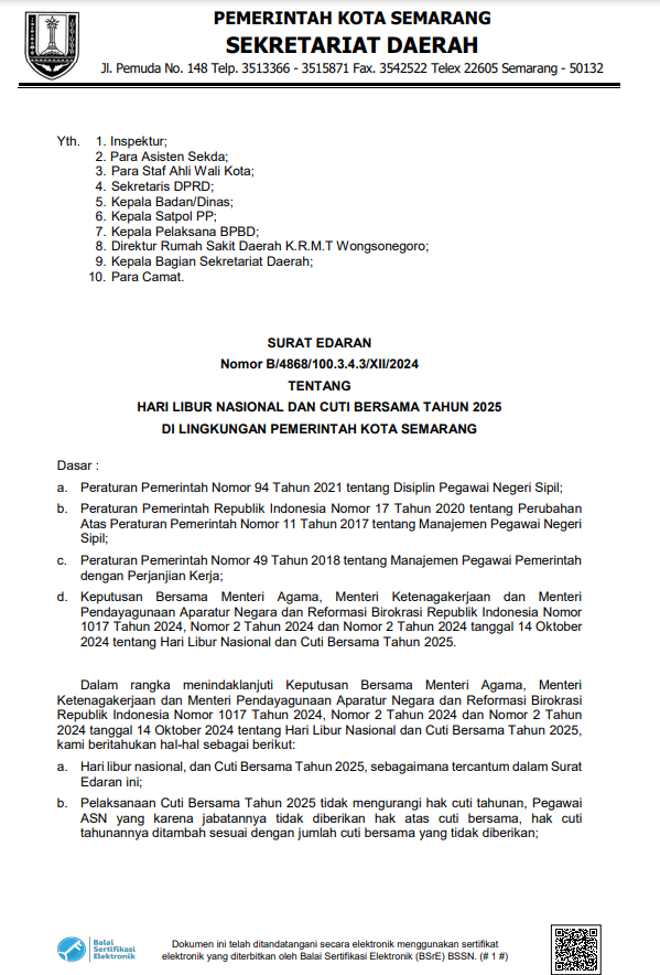 Hari Libur Nasional dan Cuti Bersama Tahun 2025 di Lingkungan Pemerintah Kota Semarang